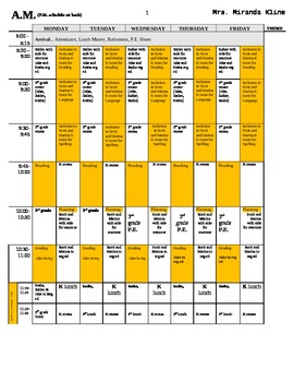 Preview of Special Education Teacher schedule template with sample information