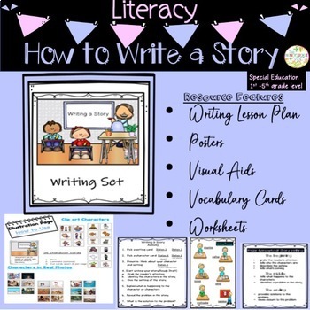 Preview of How to Write a Story Literacy Lesson Activities Picture Cards Worksheets Visuals