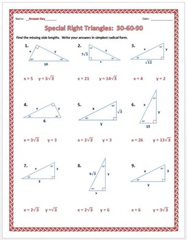30 60 90 Special Right Triangles Worksheet Answers