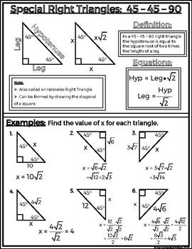 Special Right Triangles 45 45 30 60 90 Notes Sheet Graphic Organizers