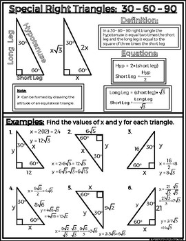 Special Right Triangles 45 45 30 60 90 Notes Sheet Graphic Organizers