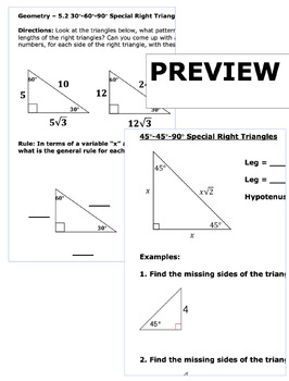 Preview of Special Right Triangles Discovery and Notes 30-60-90 and 45-45-90 Geometry