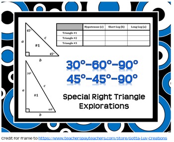 Preview of Special Right Triangles Exploration (30°-60°-90° and 45°-45°-90°) Full Package