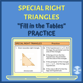 Preview of Special Right Triangles - "Fill in the tables" PRACTICE for Google Slides
