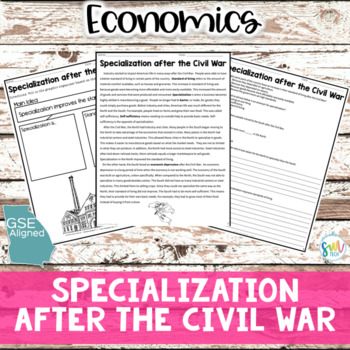 Preview of Specialization after the Civil War Reading Worksheets (SS4E1c) NO PREP