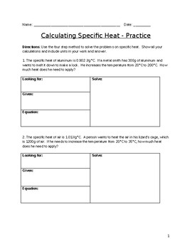Worksheet Calculations Involving Specific Heat Answer Key