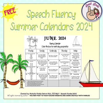 Preview of Speech Fluency Summer Calendars 2024 FREEBIE