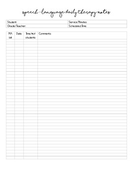 therapy notes speech daily sheet language template data