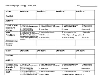 Preview of Speech Language Therapy Lesson Plan Template
