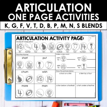 Preview of Articulation Activities - K, G, F, V, M, N, P, B, S sounds For Speech Therapy