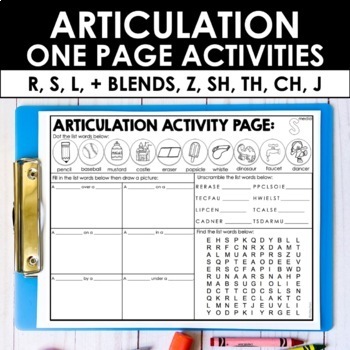 Preview of Articulation Activities - R, S, Z, L, SH, CH, TH, J sounds - NO PREP Worksheets