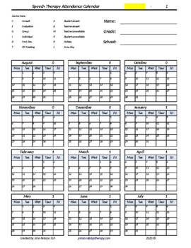 Speech Therapy Attendance Calendar (edit year from 2018-2022 easily)