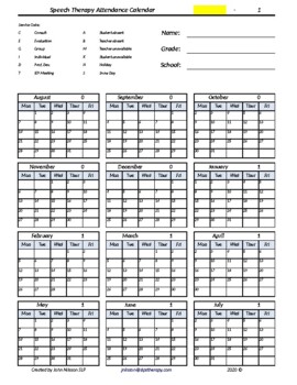 Preview of Speech Therapy Attendance Calendar (edit year from 2019-2023 easily)