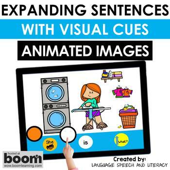 Preview of Speech Therapy Boom Cards, WH Questions, Visuals, Increase MLU, Animated GIFs 