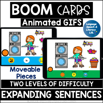 Preview of Speech Therapy Boom Cards, WH Questions, Visuals, Increase MLU, Animated GIFs 