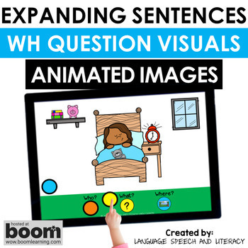 Preview of Speech Therapy Boom Card Activity, WH Question Visuals, Expand Sentences
