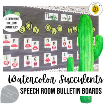 Preview of Speech Therapy Bulletin Board Room Decor Watercolor Cactus - Editable