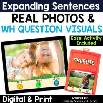 Preview of Speech Therapy Expanding Sentences, WH Question Visuals, Digital and Print