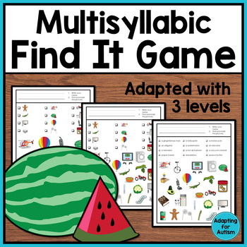 Preview of Multisyllabic Words Worksheets - Find It Game with Four Syllable Words
