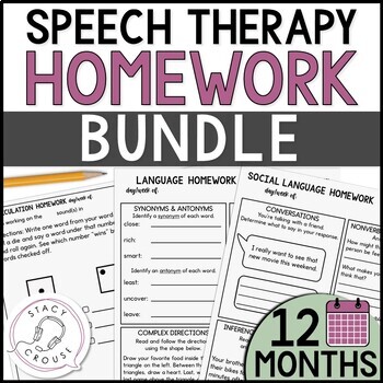 Preview of Speech Therapy Homework Worksheets Articulation Language Pragmatics BUNDLE Year