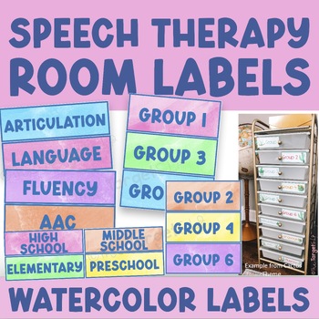 Preview of Speech Therapy Room Labels- Watercolor/Colorful Speech Room Decor-Back to School