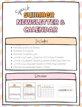 Preview of Speech Therapy Summer Practice Calendar and Newsletter: Individualized Goals