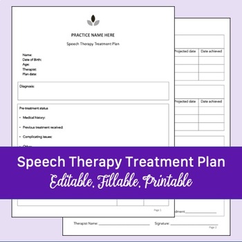 Preview of Speech Therapy Treatment Plan Template | Editable, Fillable, Printable PDF