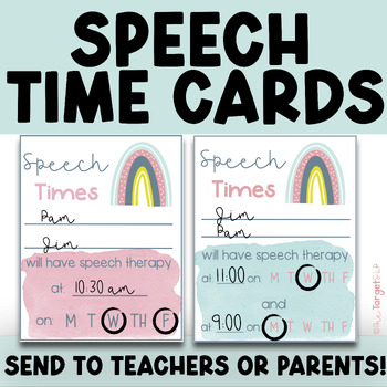 Preview of Speech Time Card Reminder Notes for Teachers and Parents- Boho Rainbow Themed