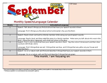 Preview of Speech and Language Calendar
