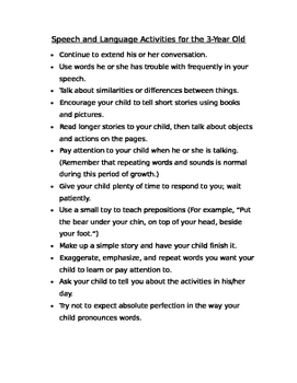 Preview of Speech and Language Development Handout for Parents of 3 year old