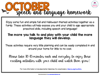 Preview of Speech and Language Preschool Homework {OCTOBER}