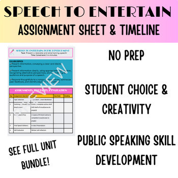 Preview of Speech to Entertain Formal Assignment Sheet & Timeline (Public Speaking Unit)