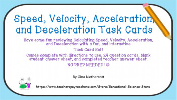 Preview of Speed, Velocity, Acceleration, and Deceleration Task Cards (or Scoot Game)