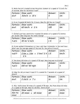 Determining Speed and Velocity Problems with Answer Key