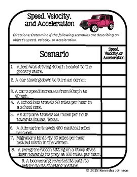 Speed, Velocity, and Acceleration - Worksheet, Printable and Distance  Learning