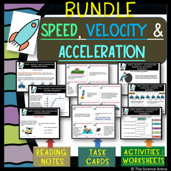 Preview of Speed, Velocity and Acceleration BUNDLE of Reading Notes, Task Cards, Worksheets