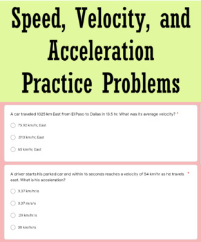 Speed, Velocity, Acceleration Practice Test with Answer Key