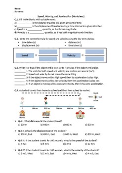 Preview of Speed, Velocity, and Acceleration - Worksheet | Printable and Distance Learning