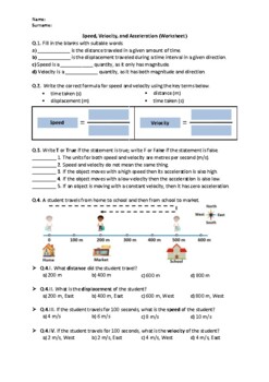 Preview of Speed, Velocity, and Acceleration - Worksheet | Easel Activity & Printable PDF