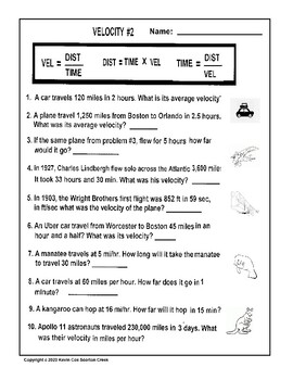 Preview of Velocity: Calculating Speed and Velocity #2 Worksheet