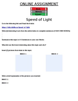 Speed of Light Worksheet DCJSSS