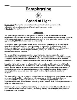 Preview of Speed of Light Paraphrasing Worksheet