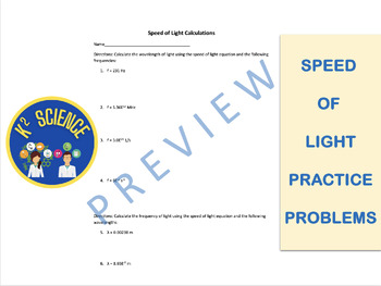 Preview of Speed of Light Practice Problems - Light and Optics Unit - Physics Classes