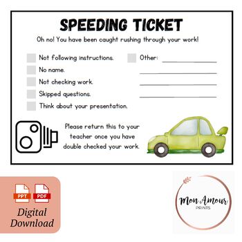 Preview of Speeding Ticket for Rushed Work | Classroom Management | Student Self-Reflection