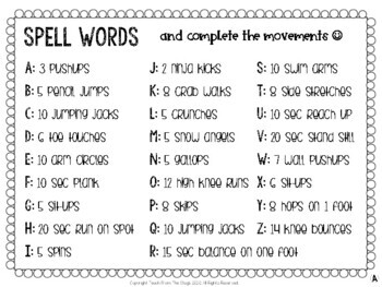 Preview of Spelling Movement Card for Distance Learning