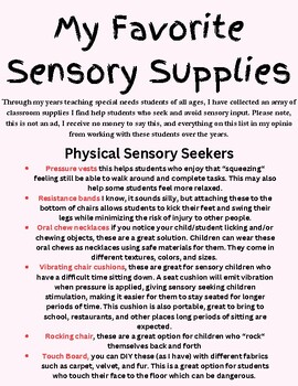 Preview of Classroom Sensory Supply List for ASD, Sensory Deficit, and More