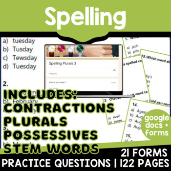 Preview of Spelling Activities Bundle ELA Test Practice Questions Contractions Plurals