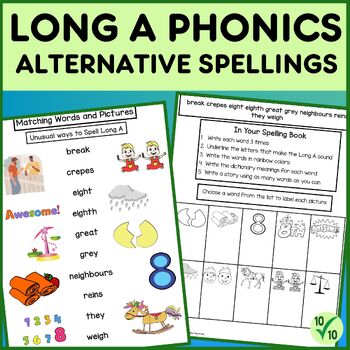 Preview of Long A Phonics Activities - Alternative Letter Patterns - Spelling Worksheets