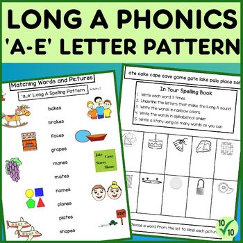 Preview of Long A Phonics Activities Spelling Letter Pattern 'a-e' - Worksheets Flashcards