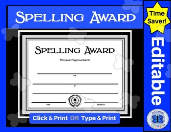 Preview of Spelling Award Certificate - Elementary, Middle, High School - Editable